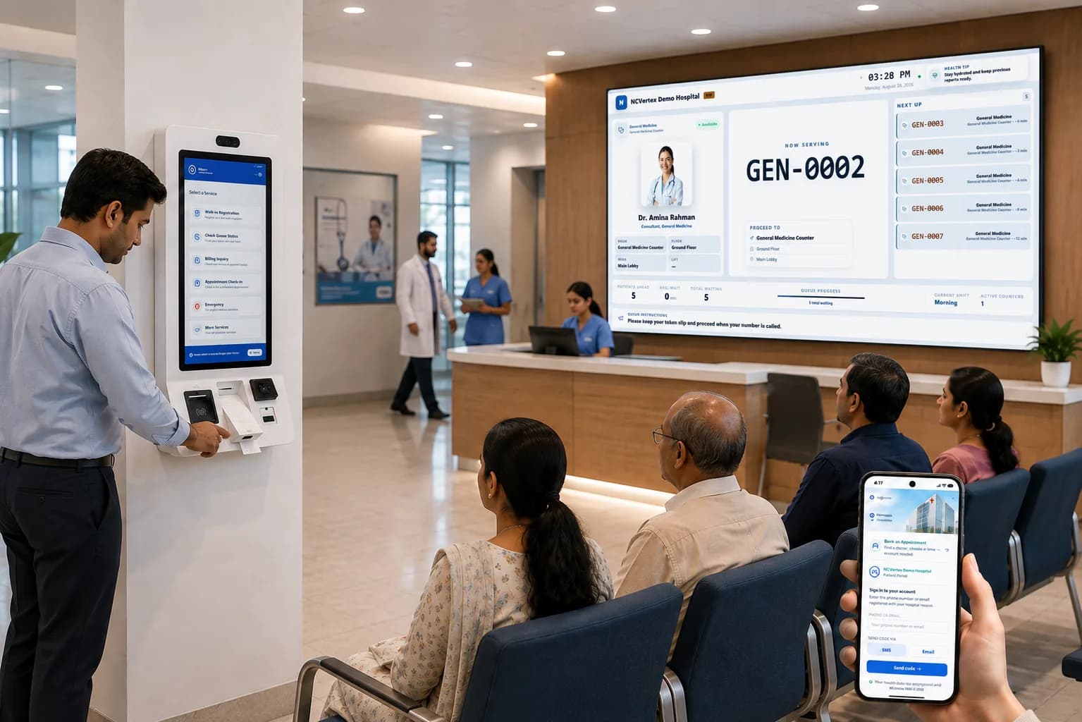 A patient using an NCVertex self-service kiosk beside a hospital reception desk, with a live queue display board overhead and a patient checking the portal on a phone